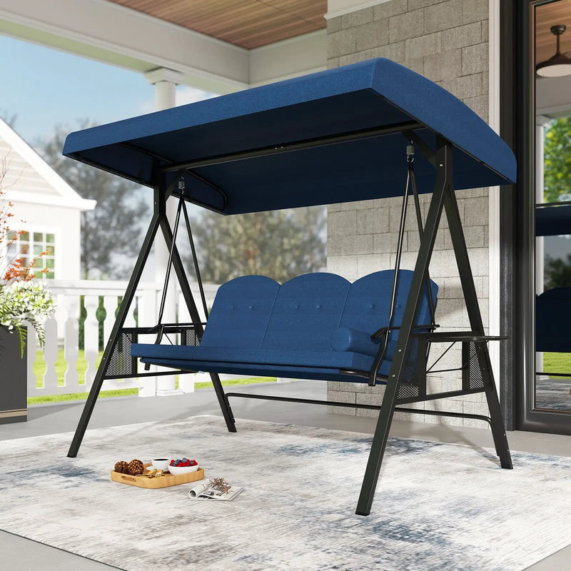 3-Seat Patio Swing Chair Porch Swing with Adjustable Canopy Thickened Cushions Pillow and Foldable Side Trays by DirectDeals