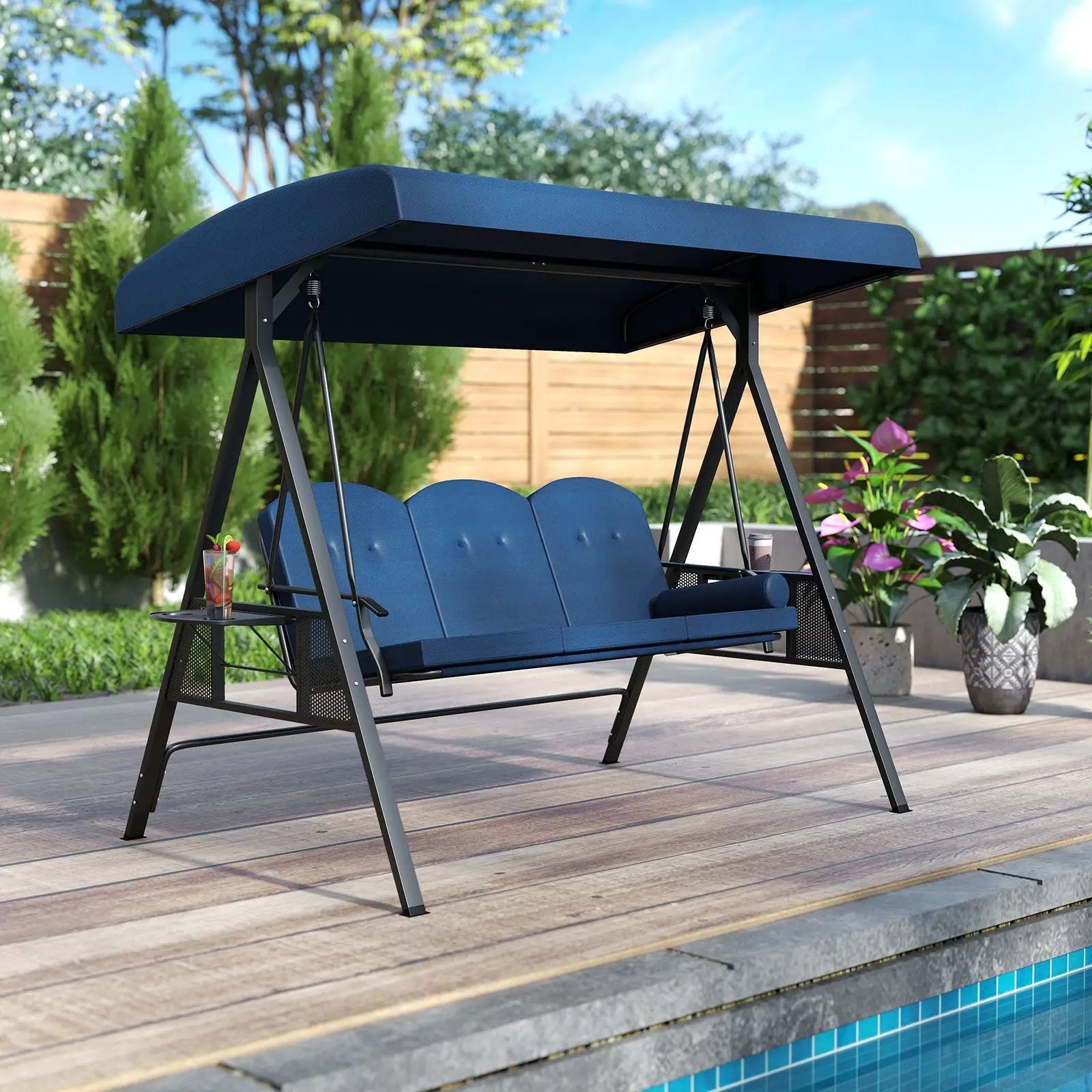 3-Seat Patio Swing Chair Porch Swing with Adjustable Canopy Thickened Cushions Pillow and Foldable Side Trays by DirectDeals