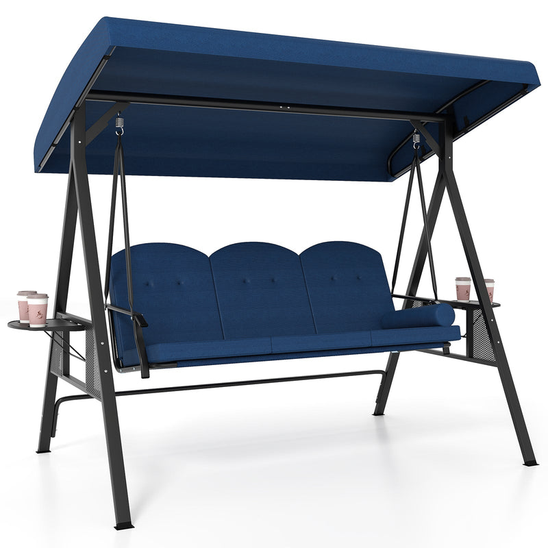 3-Seat Patio Swing Chair Porch Swing with Adjustable Canopy Thickened Cushions Pillow and Foldable Side Trays by DirectDeals