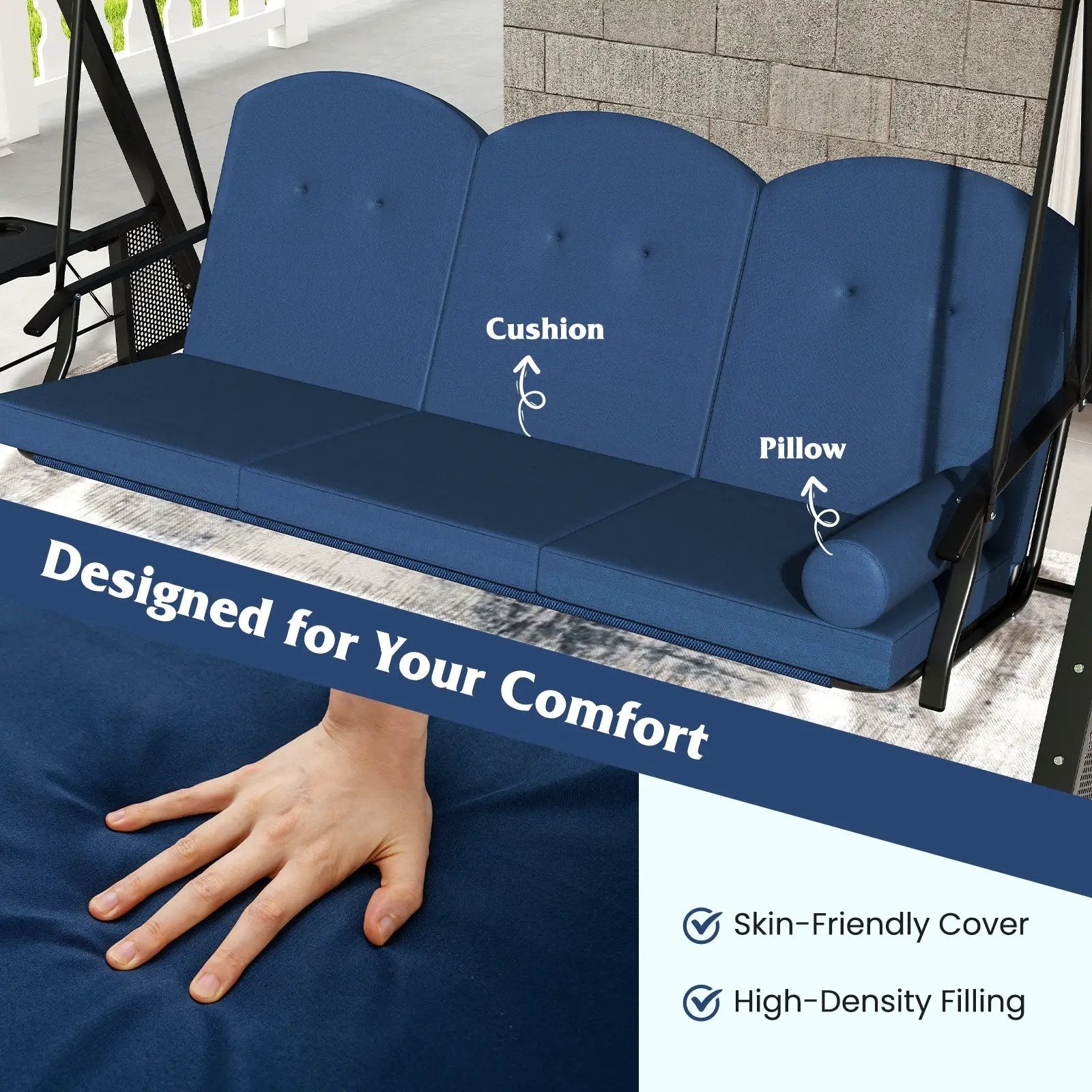 3-Seat Patio Swing Chair Porch Swing with Adjustable Canopy Thickened Cushions Pillow and Foldable Side Trays by DirectDeals