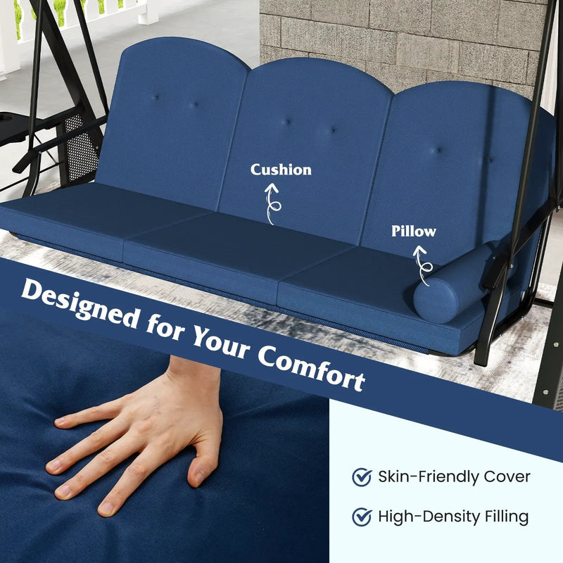 3-Seat Patio Swing Chair Porch Swing with Adjustable Canopy Thickened Cushions Pillow and Foldable Side Trays by DirectDeals