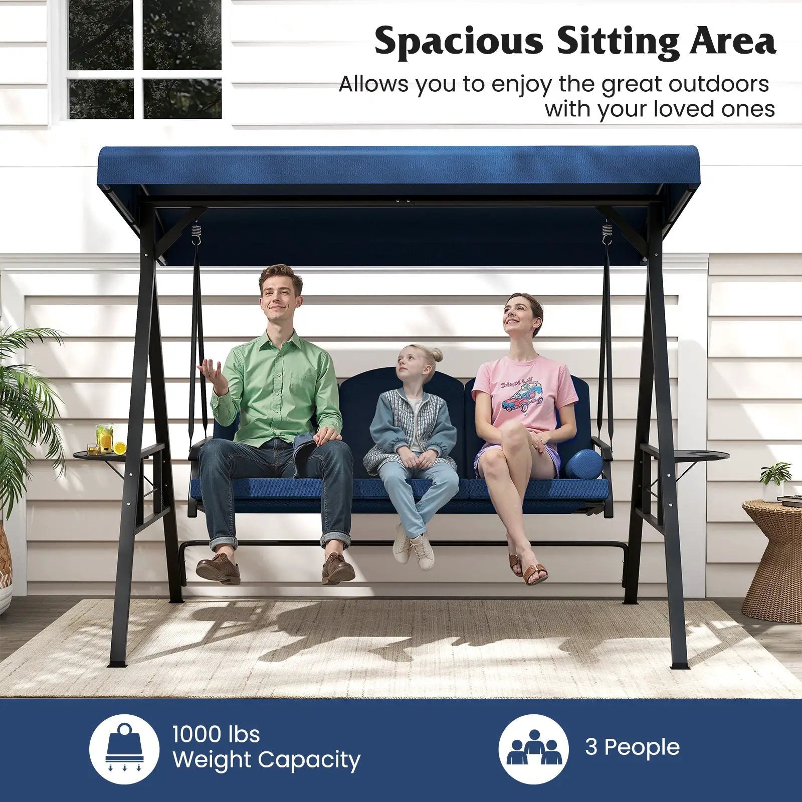3-Seat Patio Swing Chair Porch Swing with Adjustable Canopy Thickened Cushions Pillow and Foldable Side Trays by DirectDeals