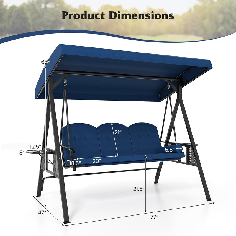 3-Seat Patio Swing Chair Porch Swing with Adjustable Canopy Thickened Cushions Pillow and Foldable Side Trays by DirectDeals