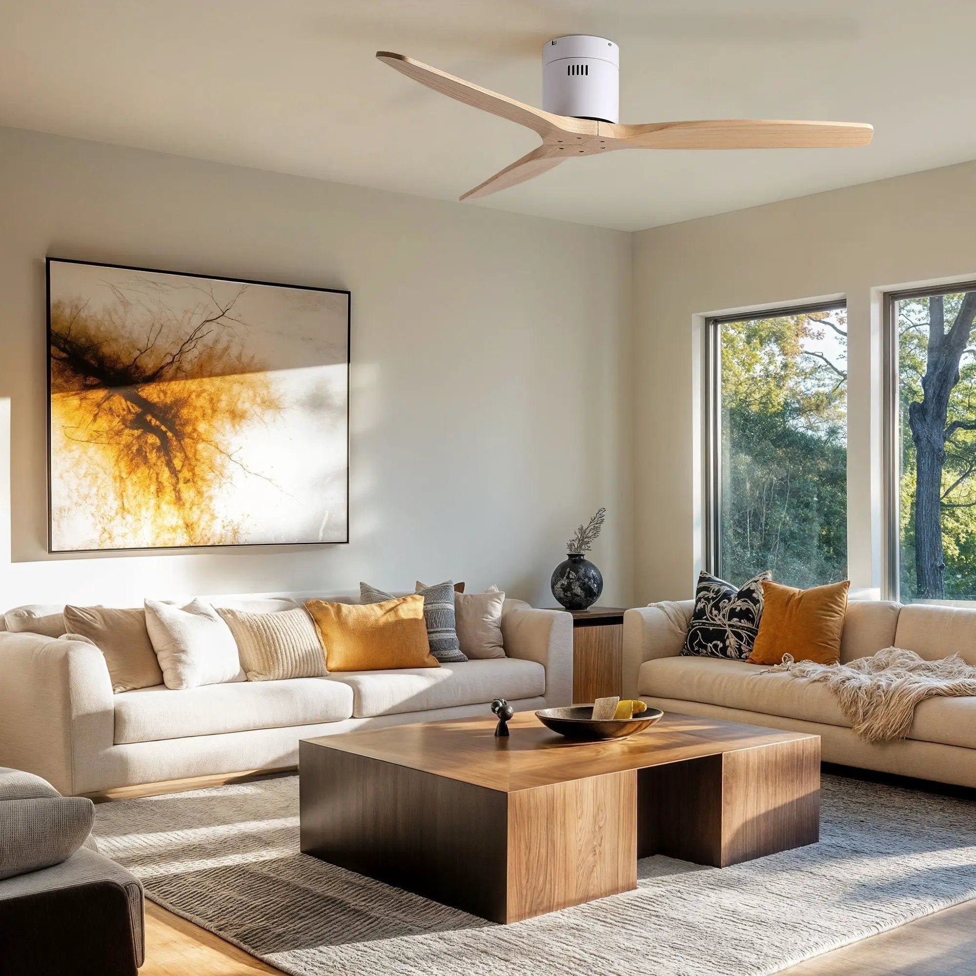 Low Profile Flush Ceiling Fan Without Light - Matte White / White by HouseOfZazla