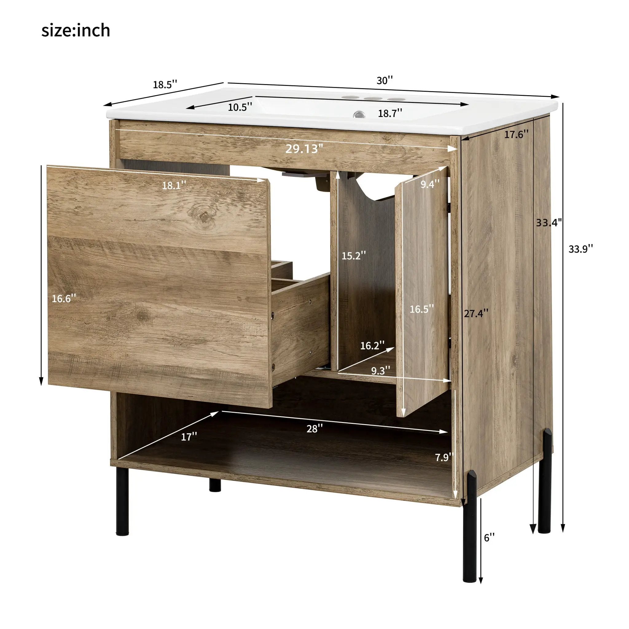 Bathroom Vanity Cabinet With Sink, Sliding Drawer, Soft Closing Door, Open Shelf - Natural Wood by Unique Piece Furniture