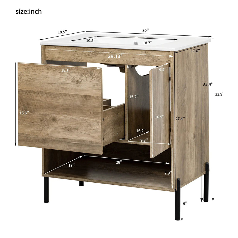 Bathroom Vanity Cabinet With Sink, Sliding Drawer, Soft Closing Door, Open Shelf - Natural Wood by Unique Piece Furniture