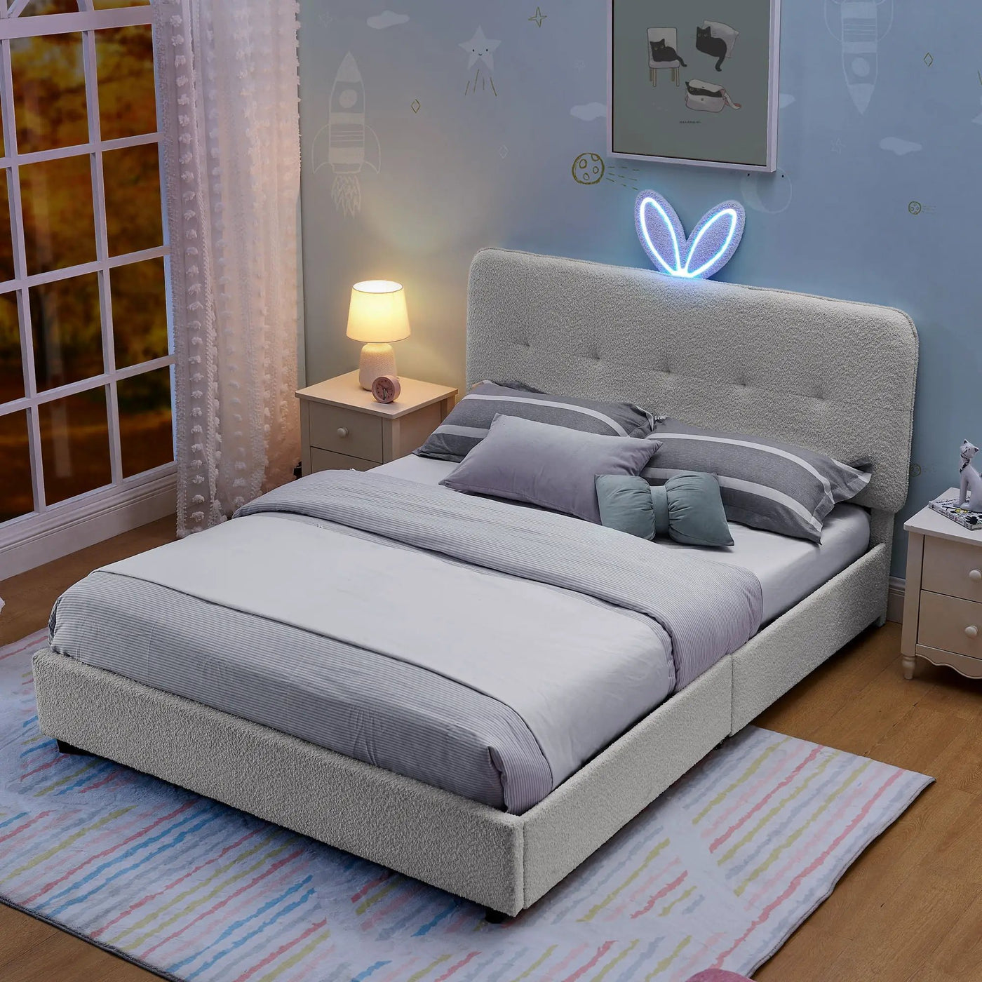 Upholstered Bed With Oversized Rabbit Ear Headboard, LED Lights & 4 Storage Drawers by Unique Piece Furniture