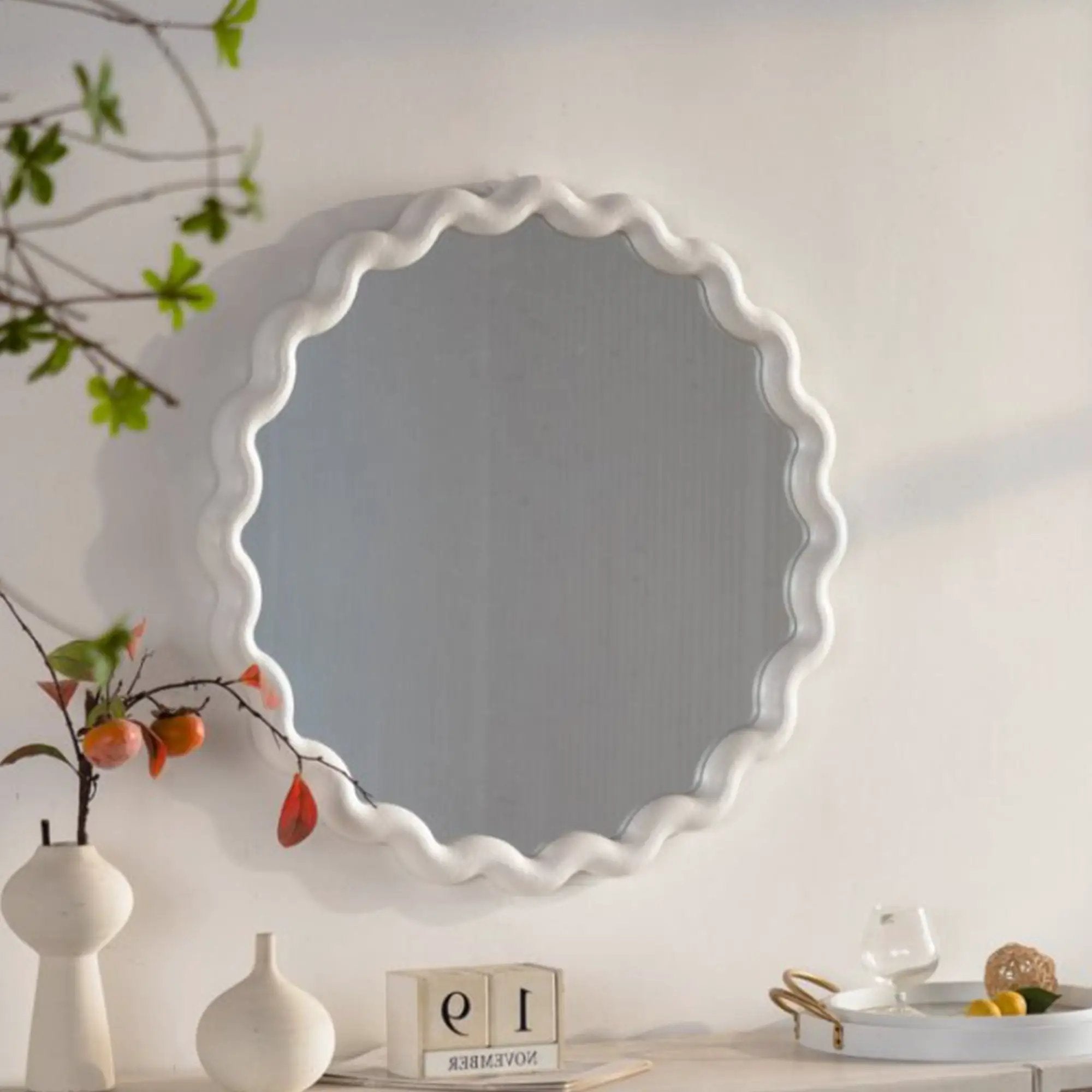 White Scalloped Round Wall Mirror by HouseOfZazla