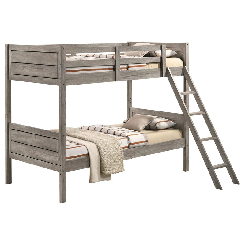 Ryder Wood Twin Over Twin Bunk Bed with Mattress Weathered Taupe by Unique Piece Furniture