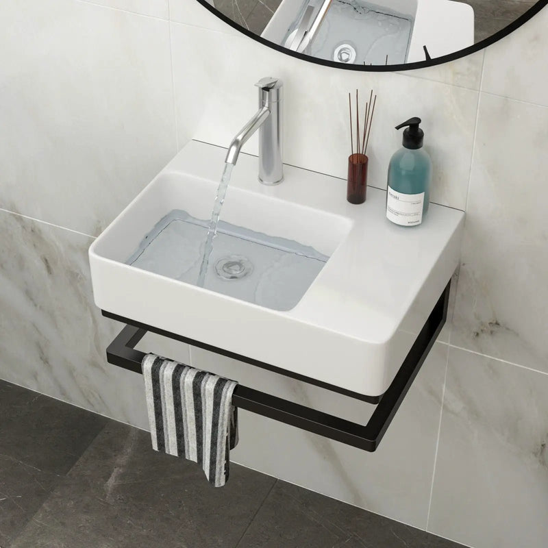 Wall Mounted Rectangular Bathroom Sink With Towel Bar And Faucet Hole - White by Unique Piece Furniture