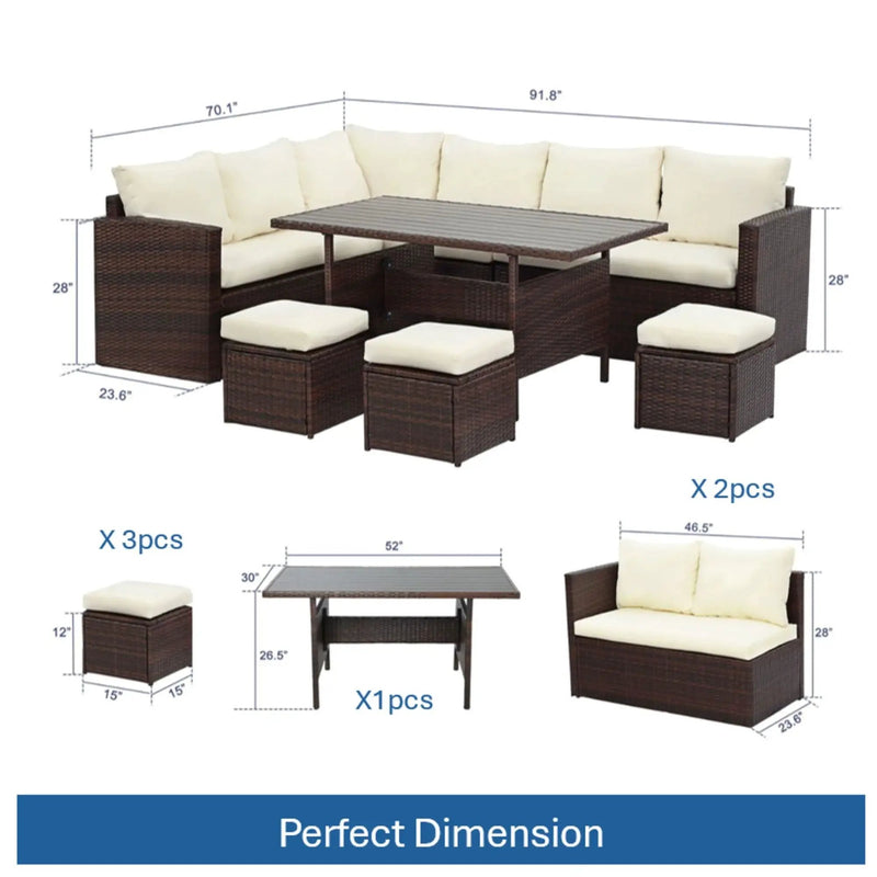 7 Piece Outdoor Dining Set With Cushions, Modular Sectional Sofa And Table by HouseOfZazla