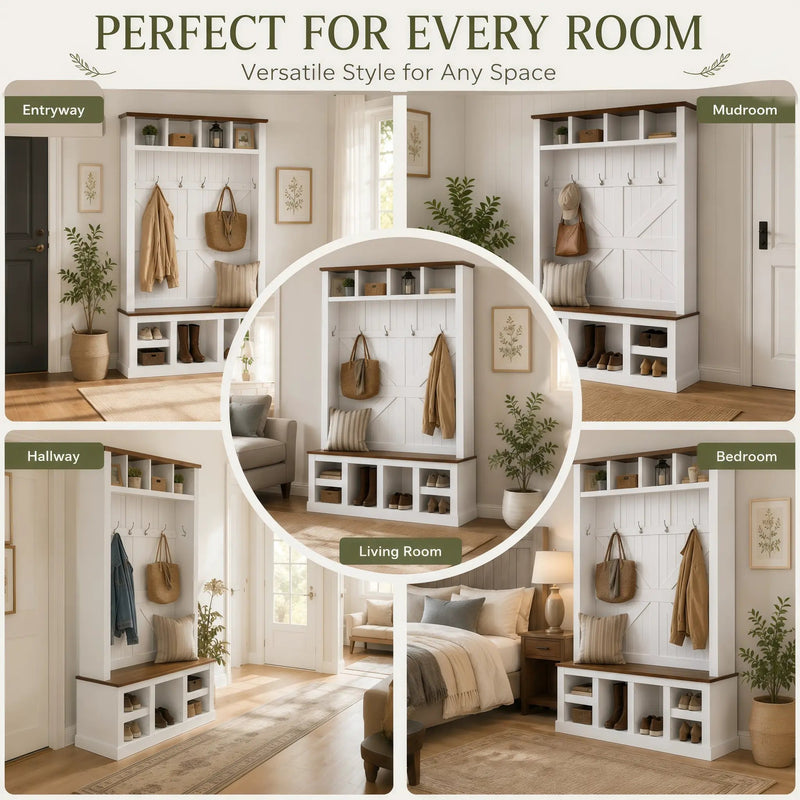 Farmhouse Hall Tree with Bench and Shoe Storage by HouseOfZazla
