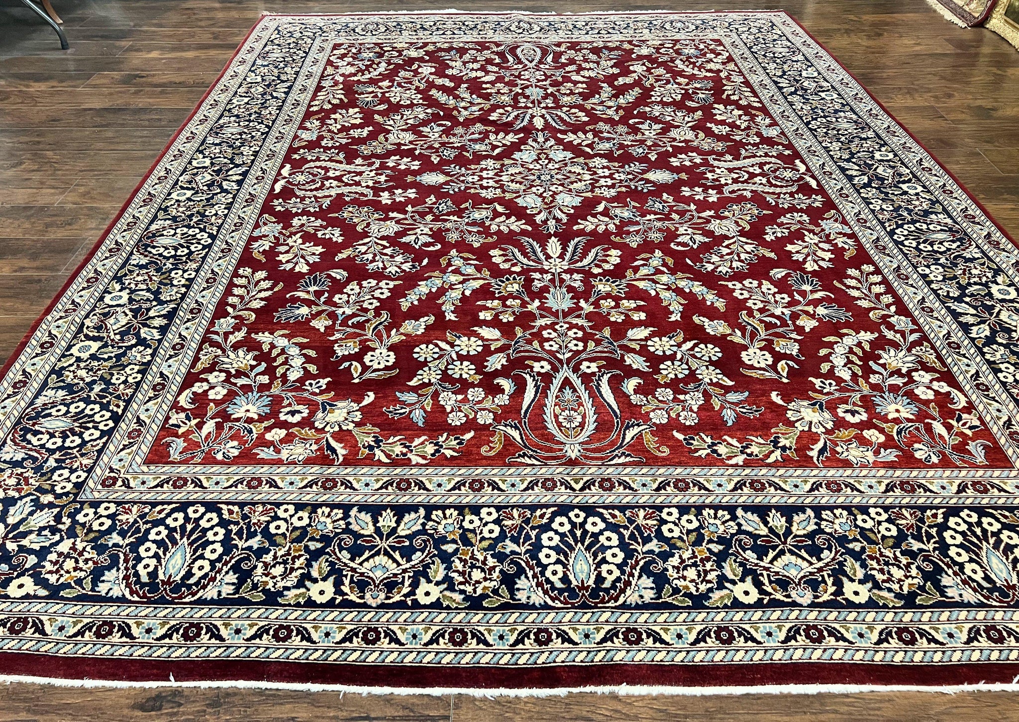 Indo Persian Sarouk Rug 9x12, Floral Allover, Dark Red & Navy Blue, Handmade Vintage Wool Carpet by Jewel Rugs