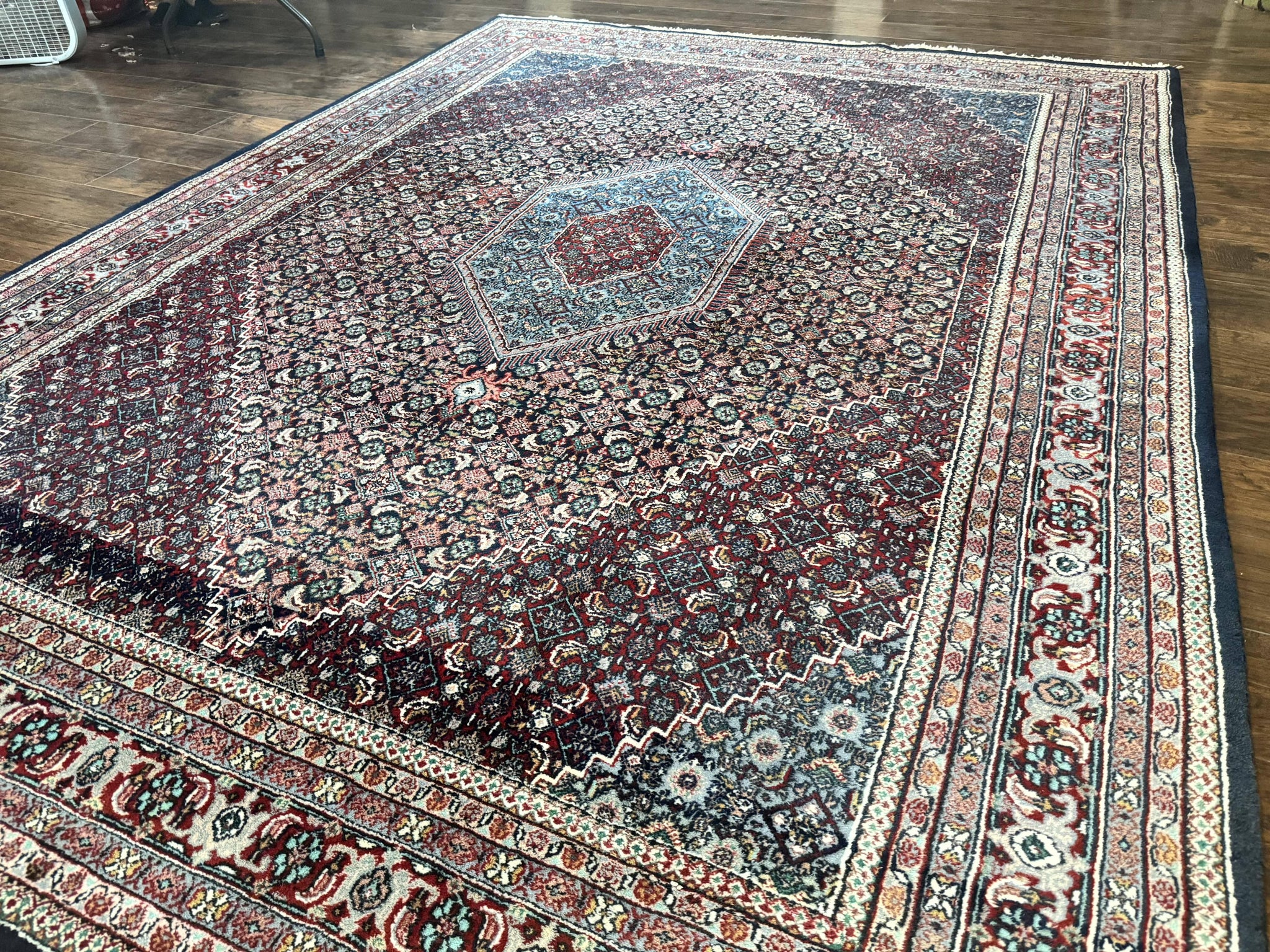 Indo Persian Bidjar Rug 8x11, Herati Mahi Pattern, Red Navy Blue, Handmade Vintage Wool Carpet by Jewel Rugs