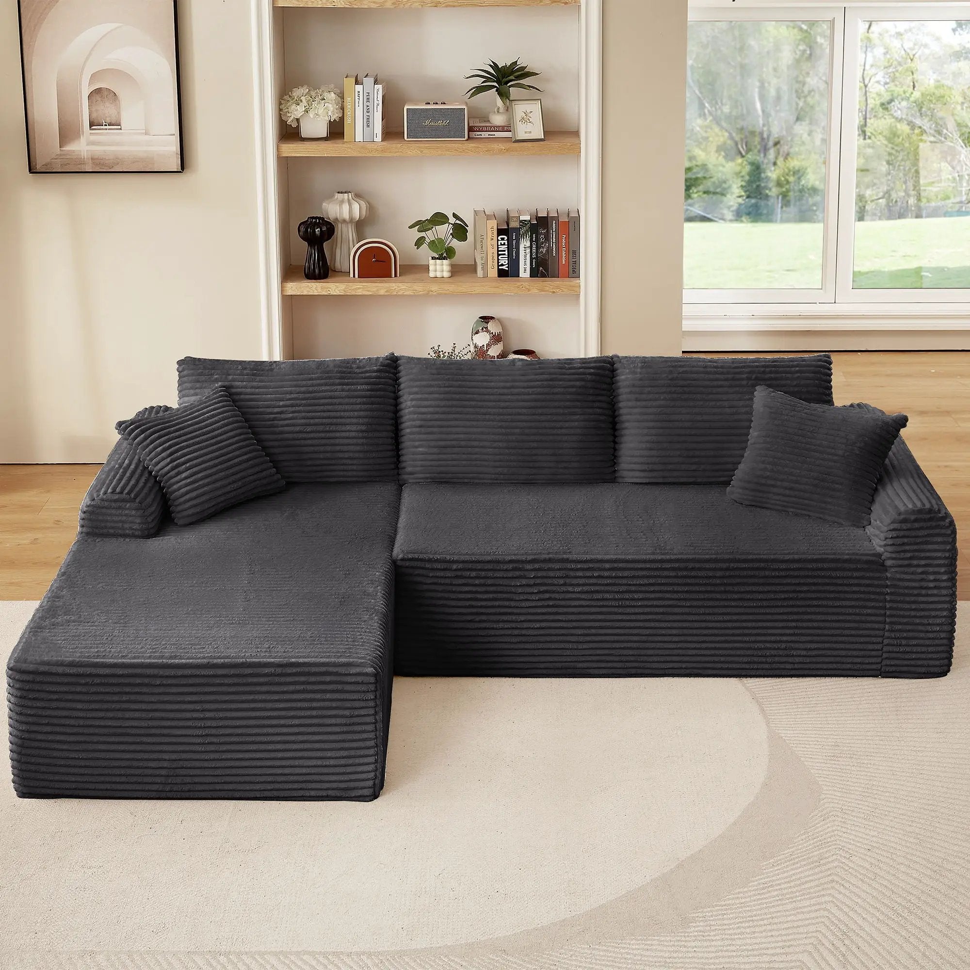 Modular Sectional With Arched Armrests, Includes 3 Back Cushions & 2 Throw Pillows by HouseOfZazla