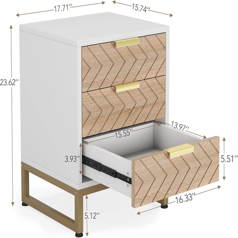 Nightstands With 3 Drawers, Zig Zag Design (Set of 2) - White / Oak