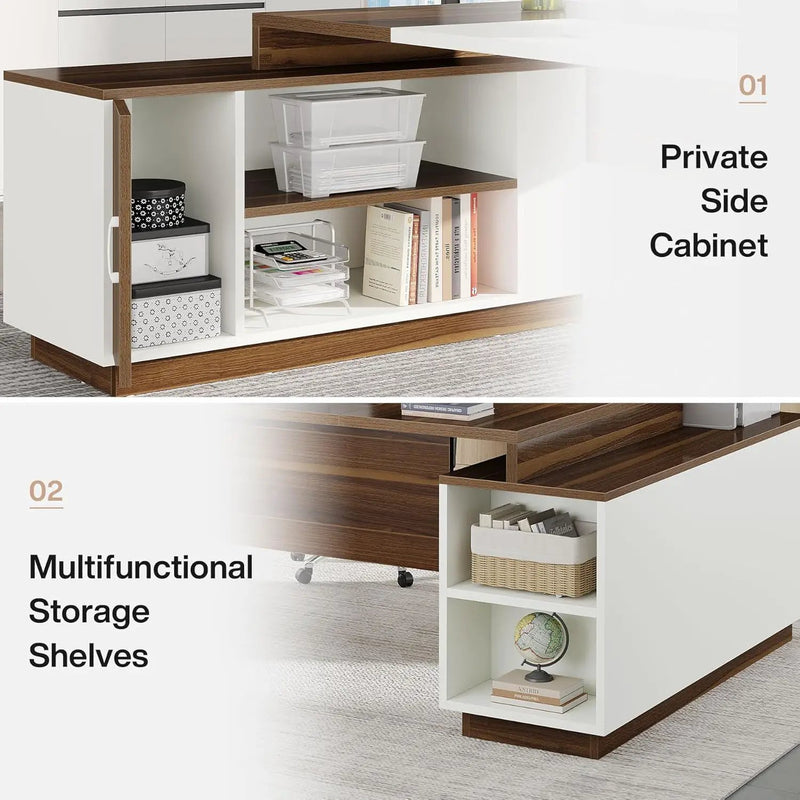 L-Shaped Executive Desk With Storage Cabinet And Shelves For Home Office - White / Walnut by HouseOfZazla