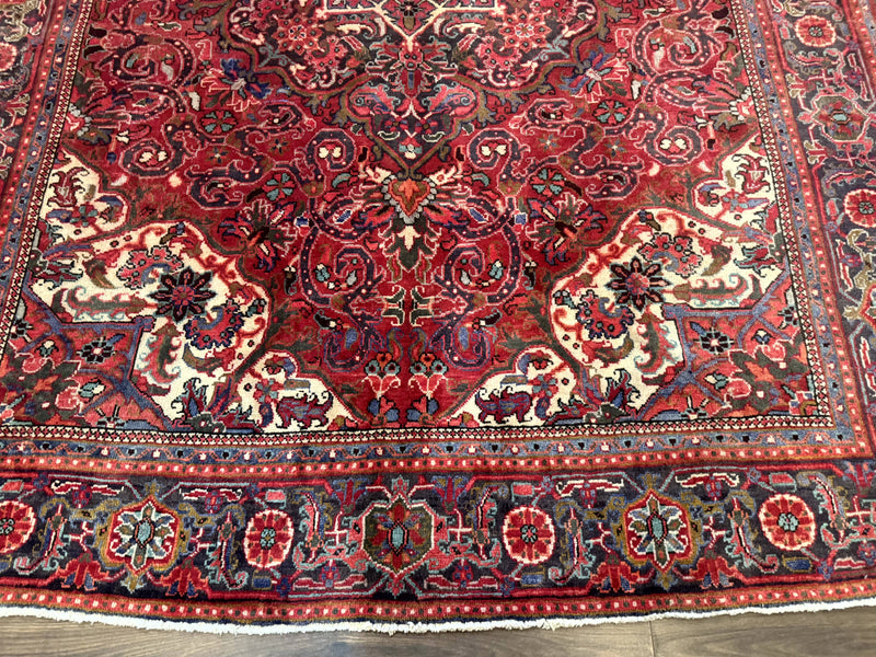 Persian Heriz Rug 7x10, Red and Navy, Geometric Medallion, Vintage Wool Carpet by Jewel Rugs