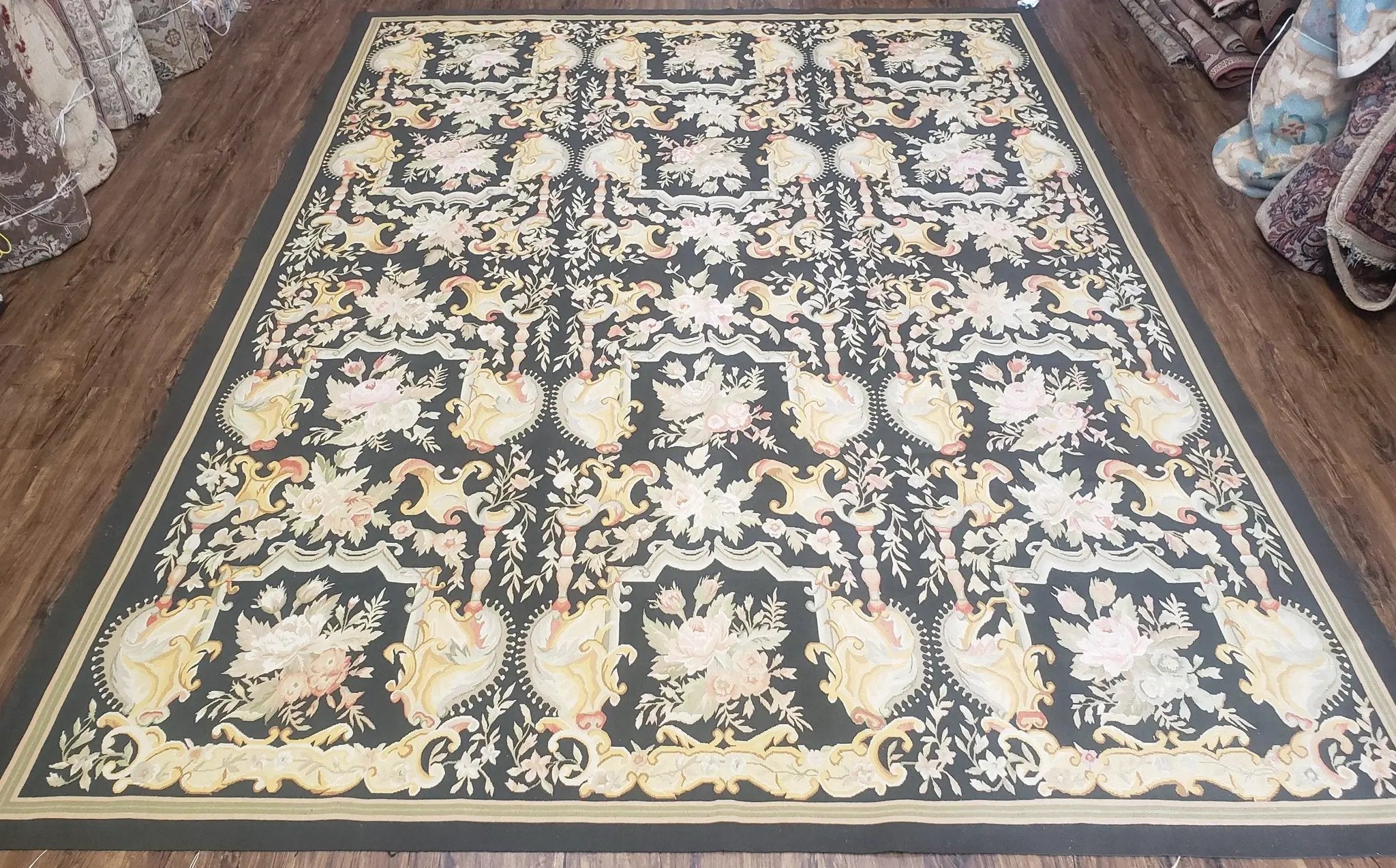Vintage Black Aubusson Area Rug 8x10, Large Flowers Chinese Aubusson Carpet 7.9 x 10, Wool Hand-Knotted Floral Pattern Flat Weave Rug Nice by Jewel Rugs