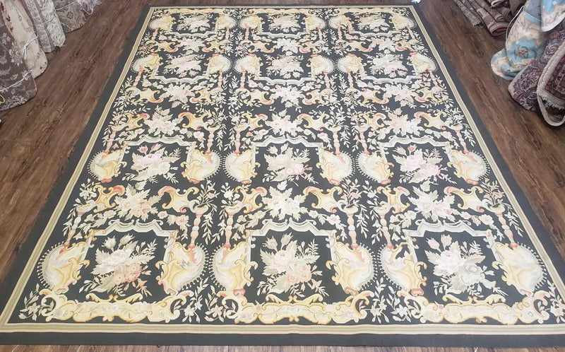 Vintage Black Aubusson Area Rug 8x10, Large Flowers Chinese Aubusson Carpet 7.9 x 10, Wool Hand-Knotted Floral Pattern Flat Weave Rug Nice by Jewel Rugs