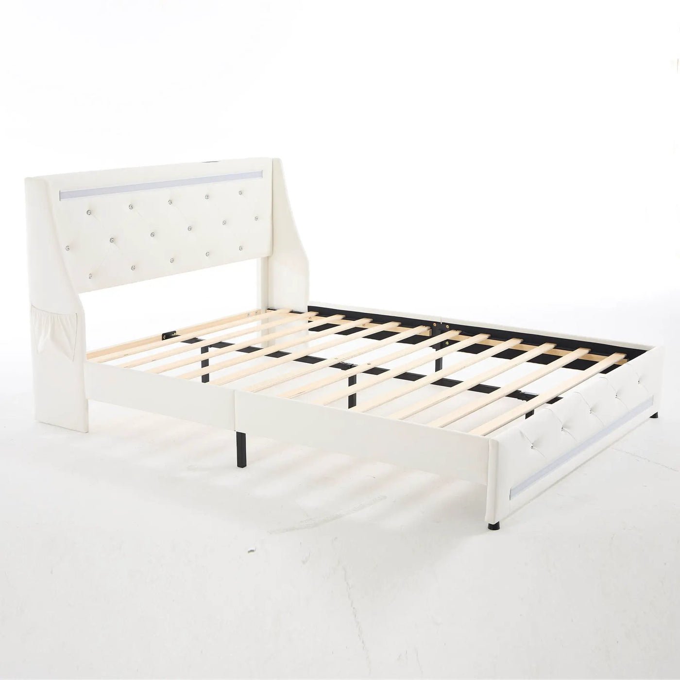 Wingback Upholstered Bed Frame With LED Lights, Charging Station by HouseOfZazla