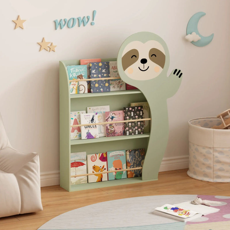 Sloth Bookshelf, Front Facing Toddler Book Display Rack With 3 Tiers, Cute Animal Design - Sage Green by Unique Piece Furniture