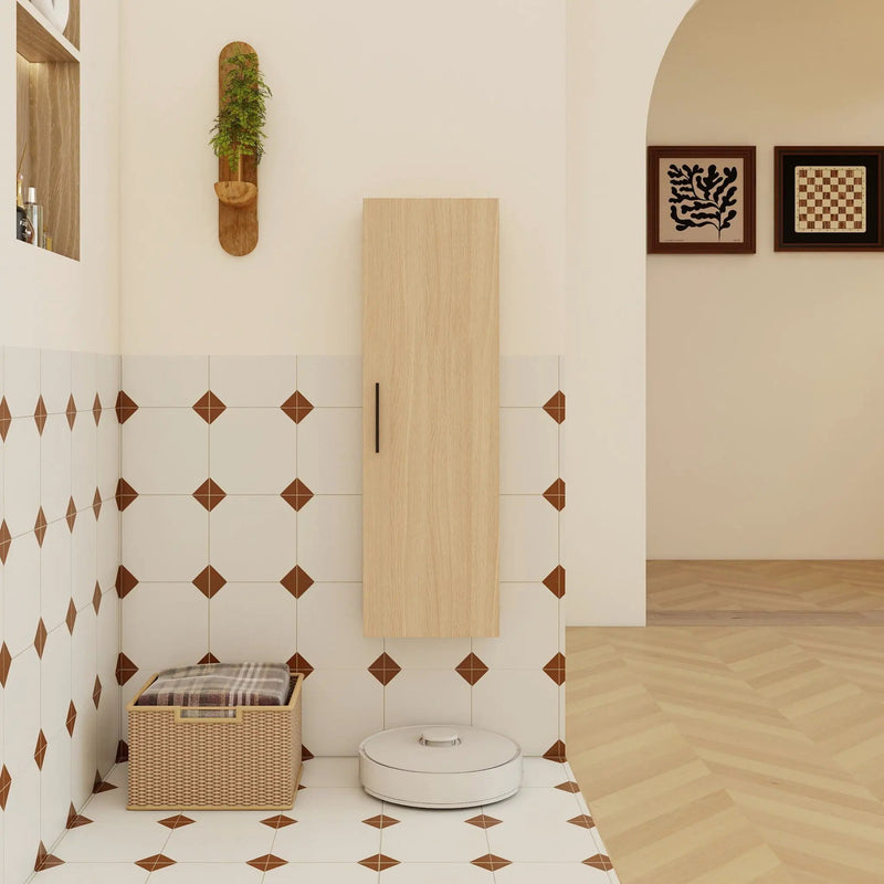 Tall Floating Bathroom Side Cabinet, Wall Mounted Single Door Storage - Light Oak by Unique Piece Furniture