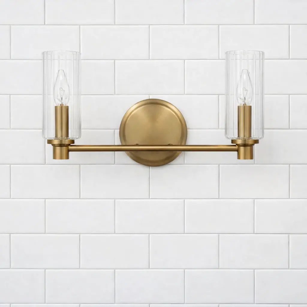 Regal - Double Light Vanity With Clear Ribbed Satin - Antique Brass / Clear by HouseOfZazla