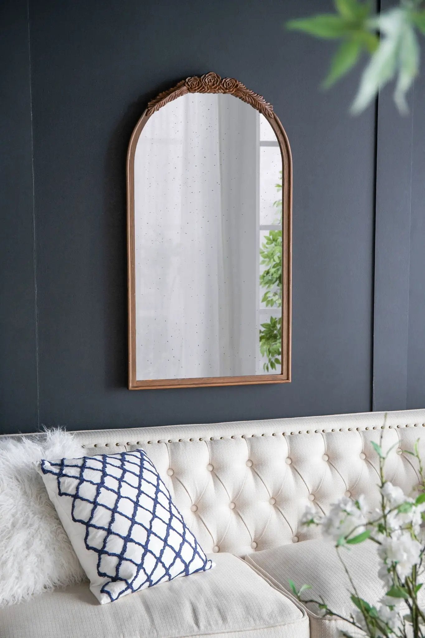 Hand Carved Rose Antique Mirror Frame, Wood Arch Mirror Wall Decor For Living Room by Unique Piece Furniture