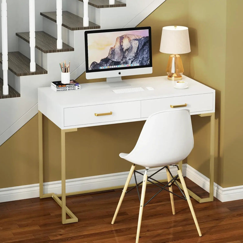 Minimalist Home Office Computer Desk With 2 Drawers, Compact Writing Table For Small Spaces - White / Gold by HouseOfZazla