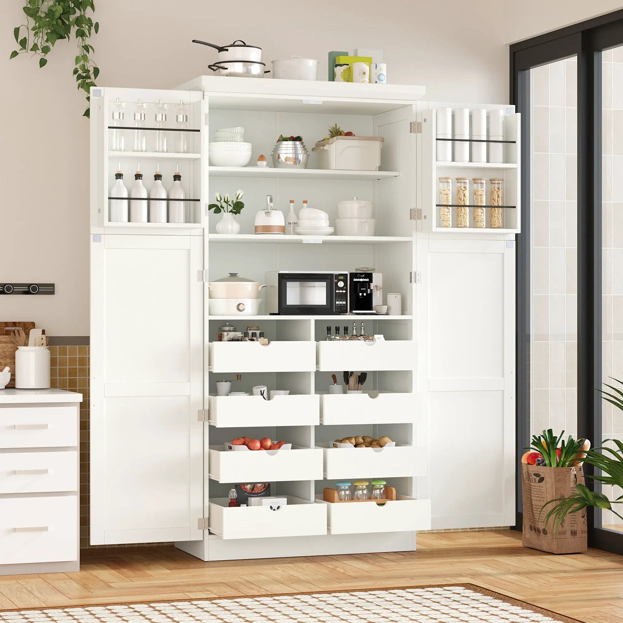 TOPMAX Freestanding Kitchen Pantry Cabinet with 4 Doors and Pull-Out Trays by HouseOfZazla