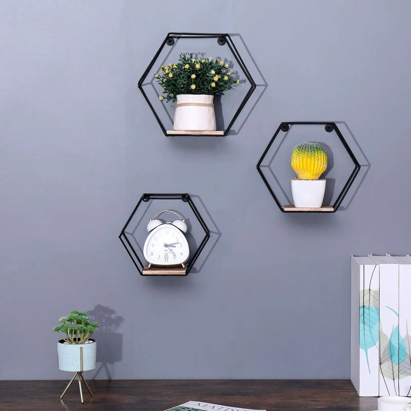 Wall Mounted Hexagonal Floating Shelves - Black (Set of 3) In Different Sizes, Modern Metal Wall Shelf, Simple Wood Partition Storage Shelves, Wall Decor Rack - Natural Wood by Unique Piece Furniture