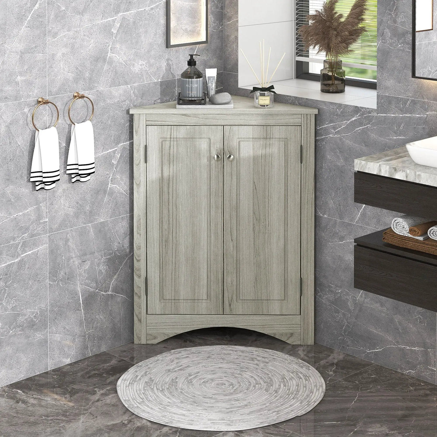 Triangle Bathroom Storage Cabinet With Adjustable Shelves, Freestanding Floor Cabinet For Home Kitchen by Unique Piece Furniture
