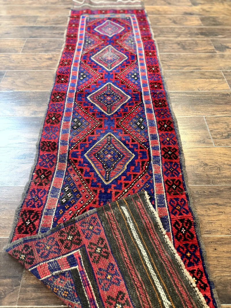Turkoman Runner Rug 2 x 8.6, Skinny Runner, Handmade Wool Carpet for Hallway, Red and Blue, Wool, Vintage 8ft Runner by Jewel Rugs