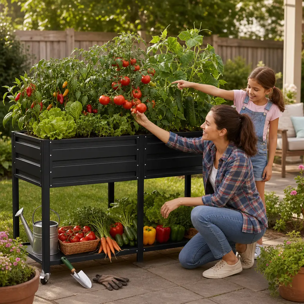Dual Tier Elevated Metal Raised Garden Bed with Lockable Wheels & Lower Storage Shelf by HouseOfZazla