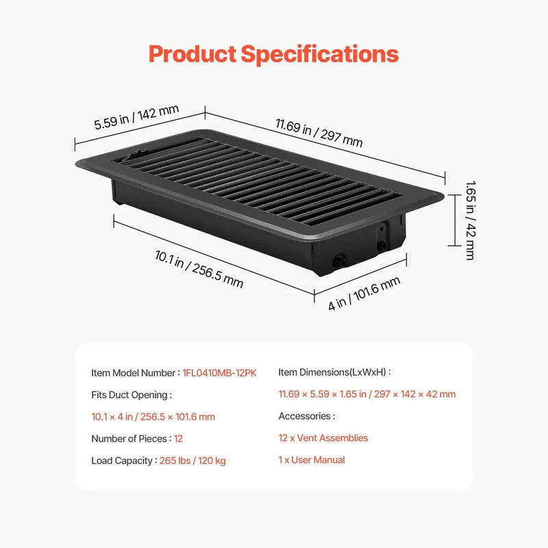 Floor Registers 4 x 10 Inch 12-Pack Iron Floor Vents for HVAC Vent Grilles by HouseOfZazla