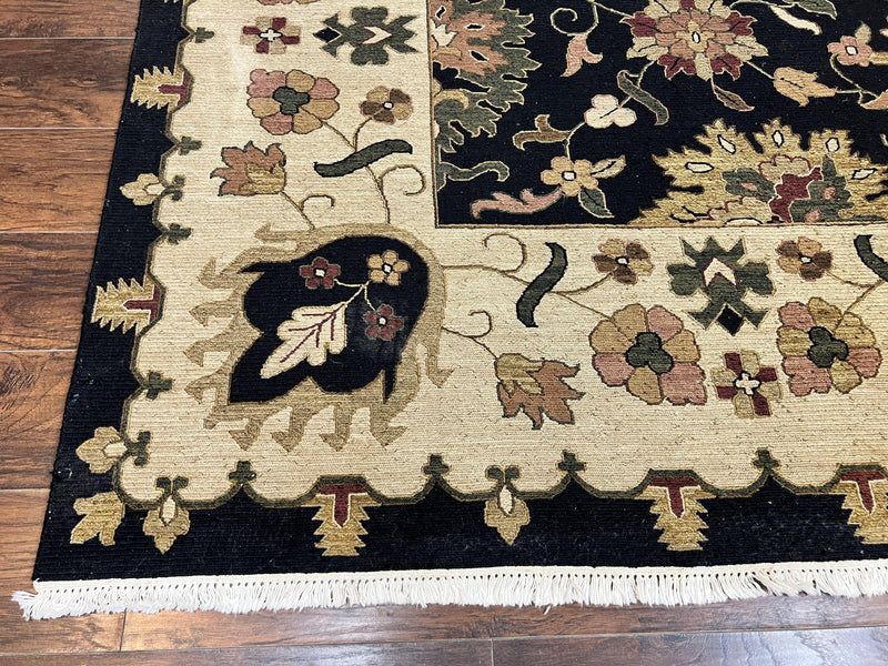 Indo Persian Rug 10x14, Wool Handmade Room Sized Floral Oriental Carpet, Indian Mahal Flatweave Rug, Black Beige by Jewel Rugs