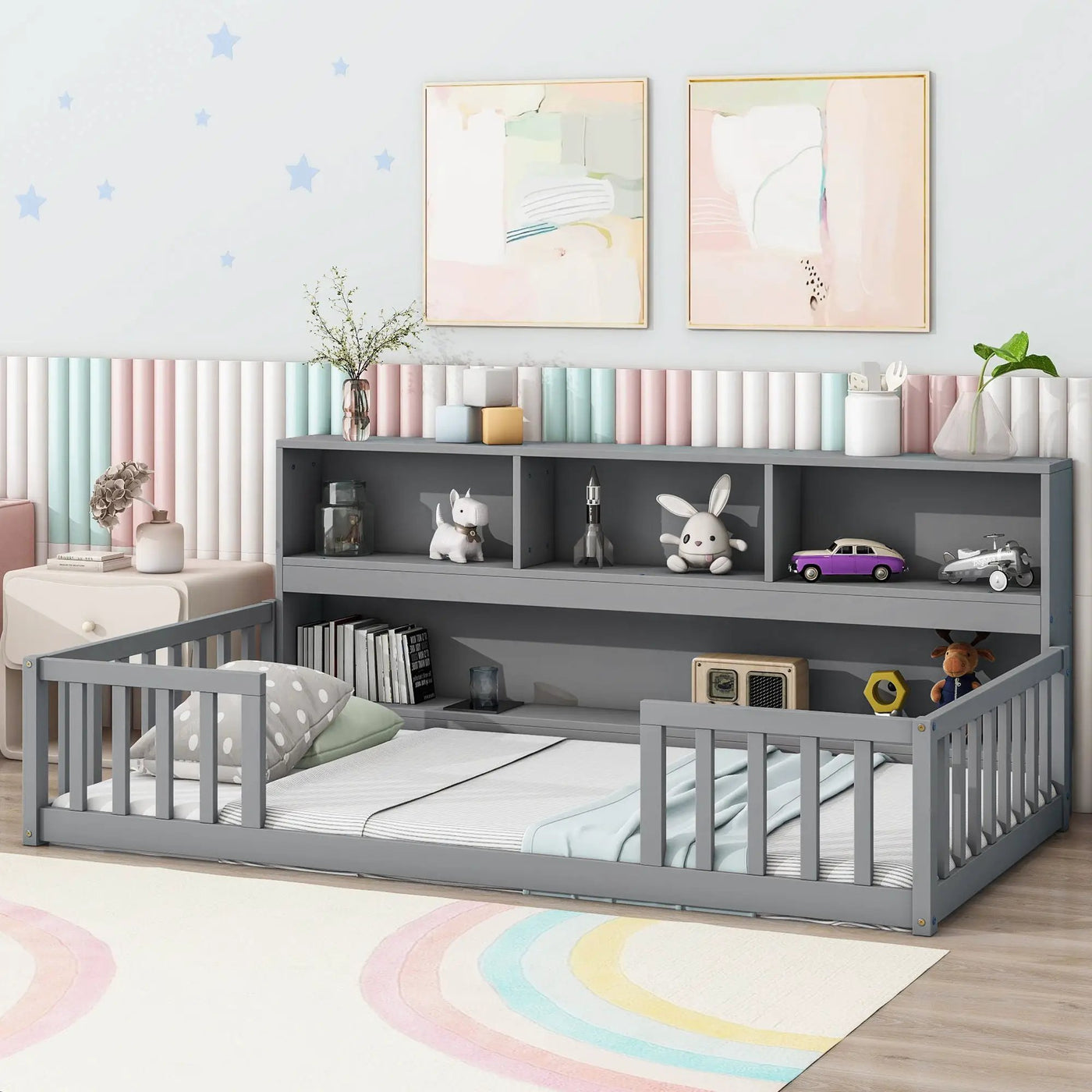 Floor Bed With Bedside Bookcase, Shelves, Guardrails by Unique Piece Furniture