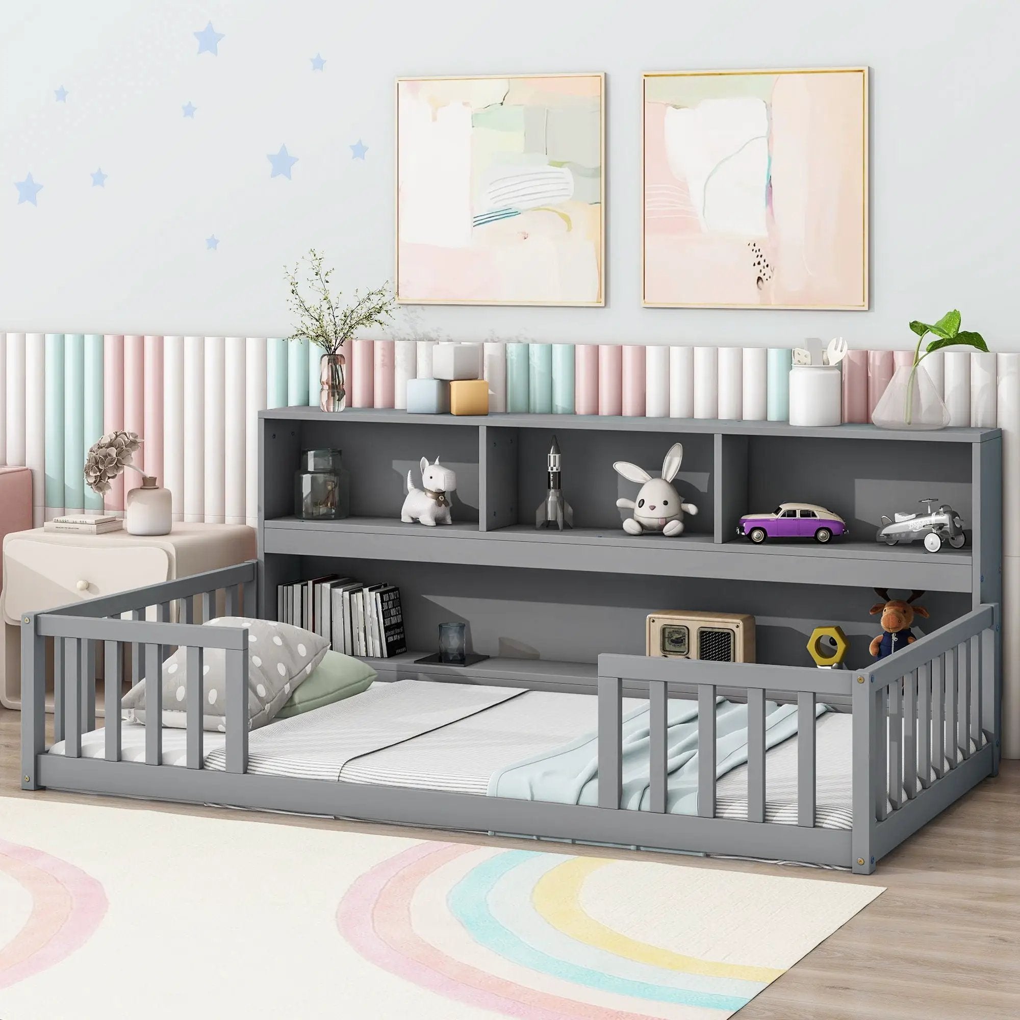 Floor Bed With Bedside Bookcase, Shelves, Guardrails by Unique Piece Furniture