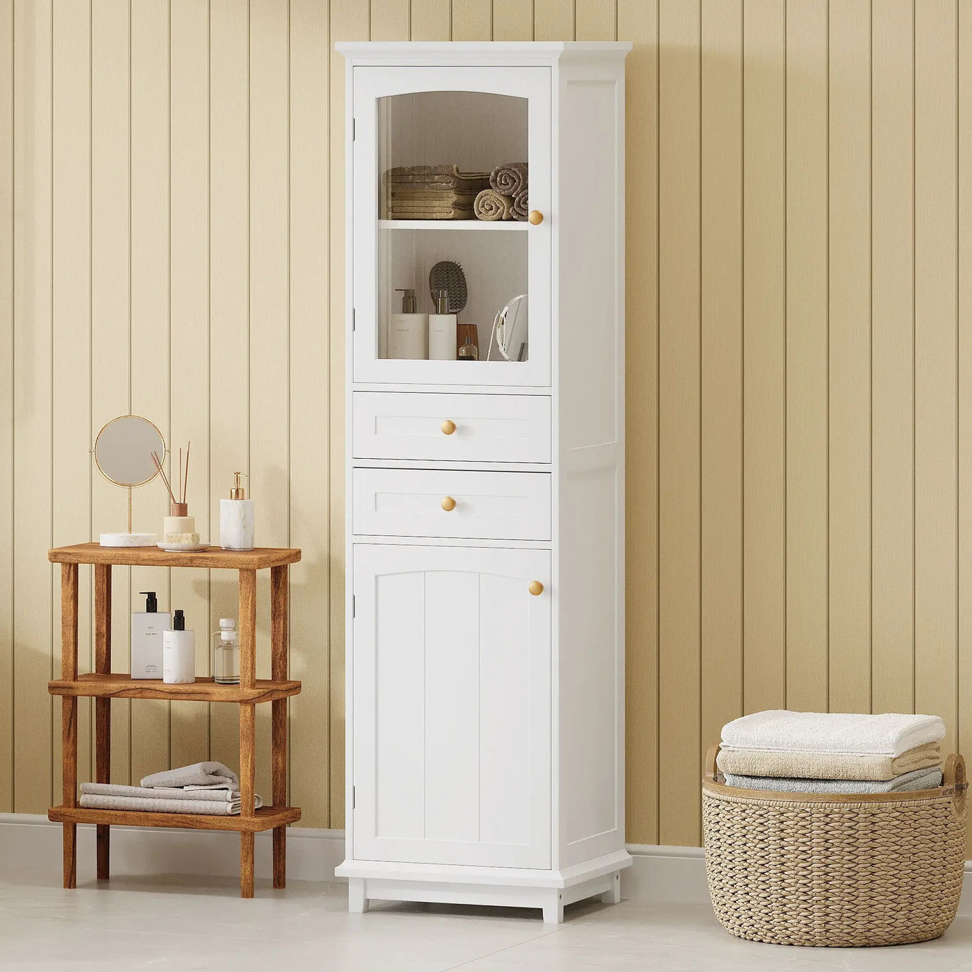 Tall Bathroom Storage Cabinet With Glass Doors, Free-Standing, Two Drawers, And Adjustable Shelves, Board, Painted Perfect For Displaying Your Favorite Items by HouseOfZazla