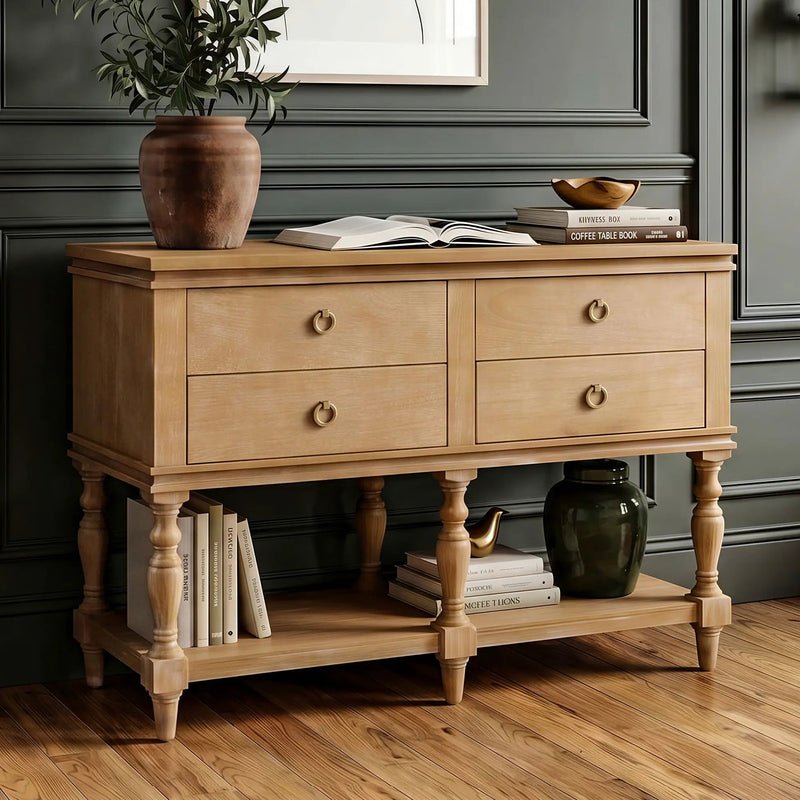 Console Table With 4 Soft Close Drawers, Thick Bottom Shelf For Living Room - Natural by HouseOfZazla