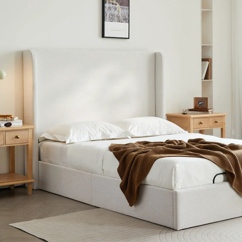 Caron - Queen Size Upholstered Wingback Bed With Adjustable Base Bundle Set - Ivory by Unique Piece Furniture