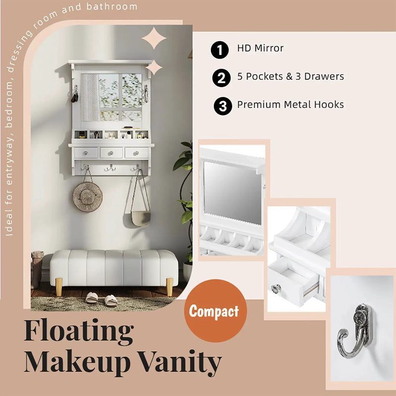 Floating Makeup Vanity With Big Mirror, Wall Mounted Storage Vanity With Drawers, Pockets & Hooks, Space Saving Decorative Home Organizer - White by HouseOfZazla