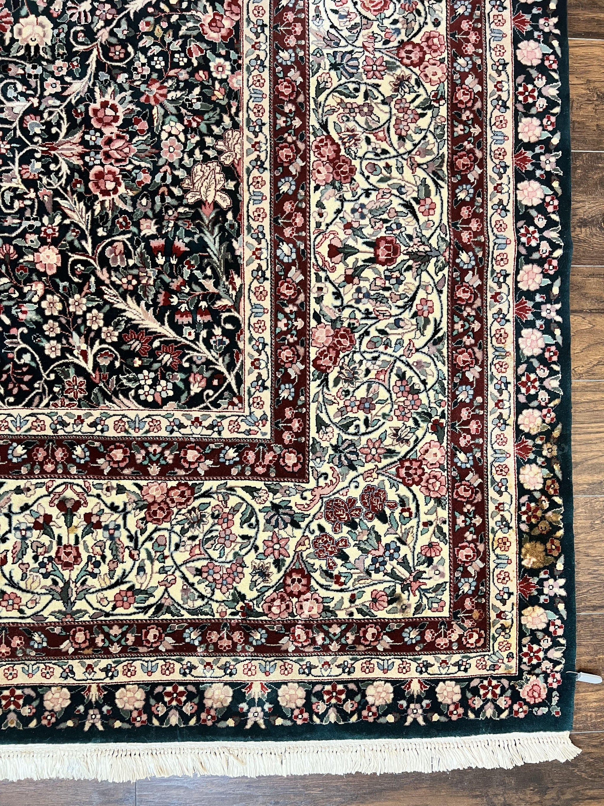 Large Sino Persian Rug 10x14, Wool Hand Knotted Vintage Carpet, Dark Green & Beige, Kirman Floral Rug, Fine Weave, Traditional, Large by Jewel Rugs