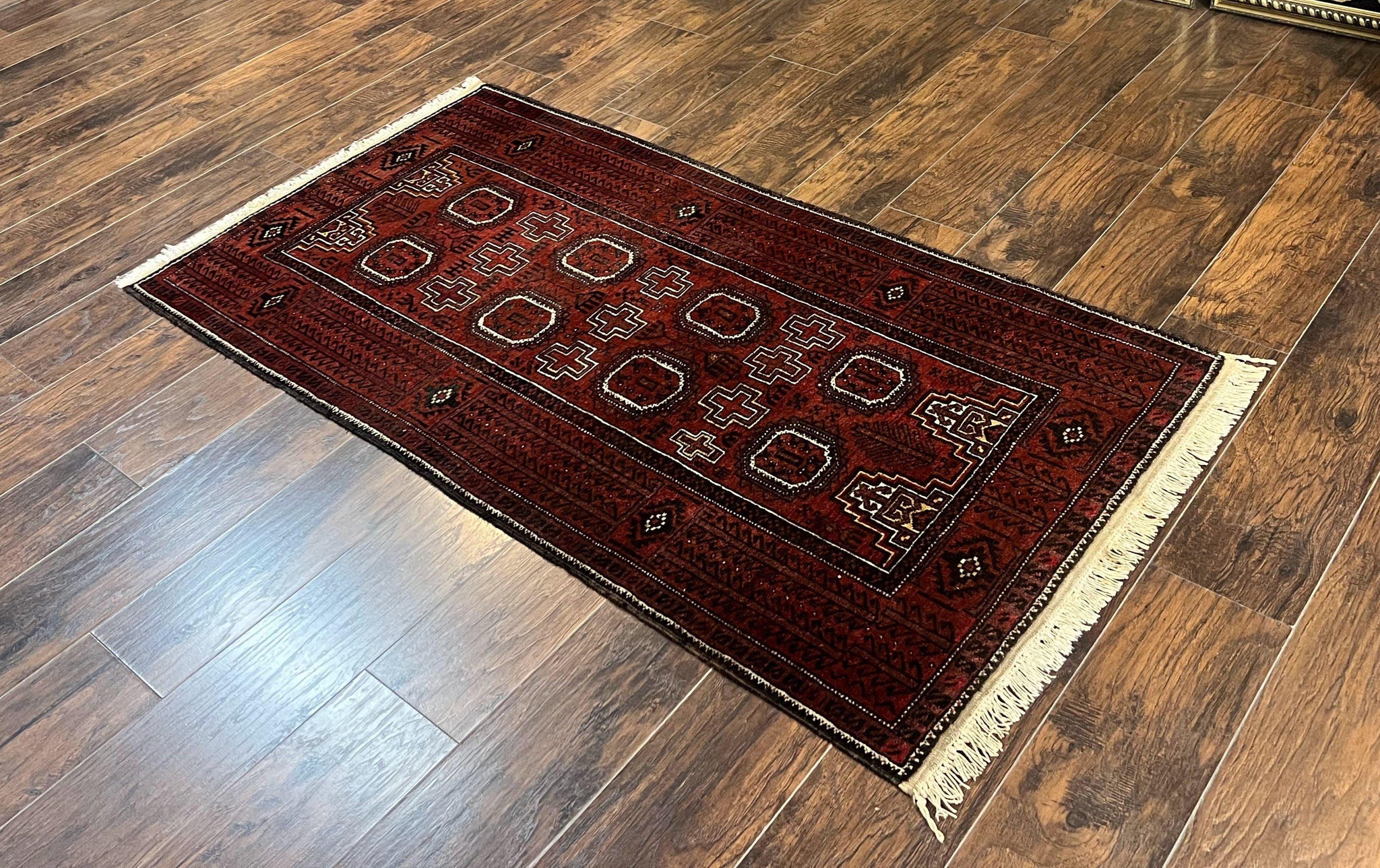 Antique Persian Turkoman Rug 3x6, Wool Tribal Handmade Carpet, Red and Black by Jewel Rugs