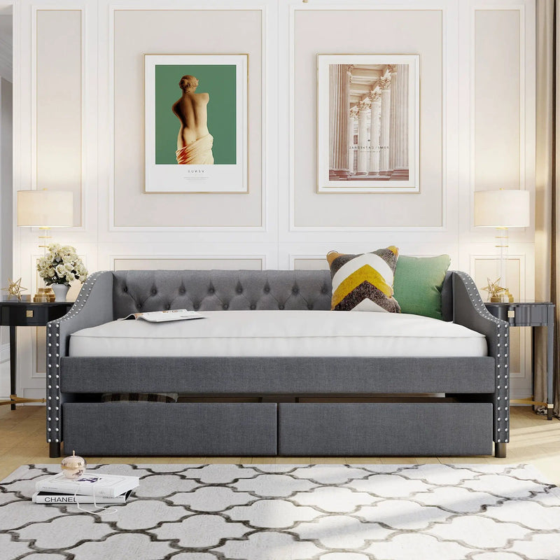 Upholstered Daybed With Two Drawers, Wood Slat Support by HouseOfZazla