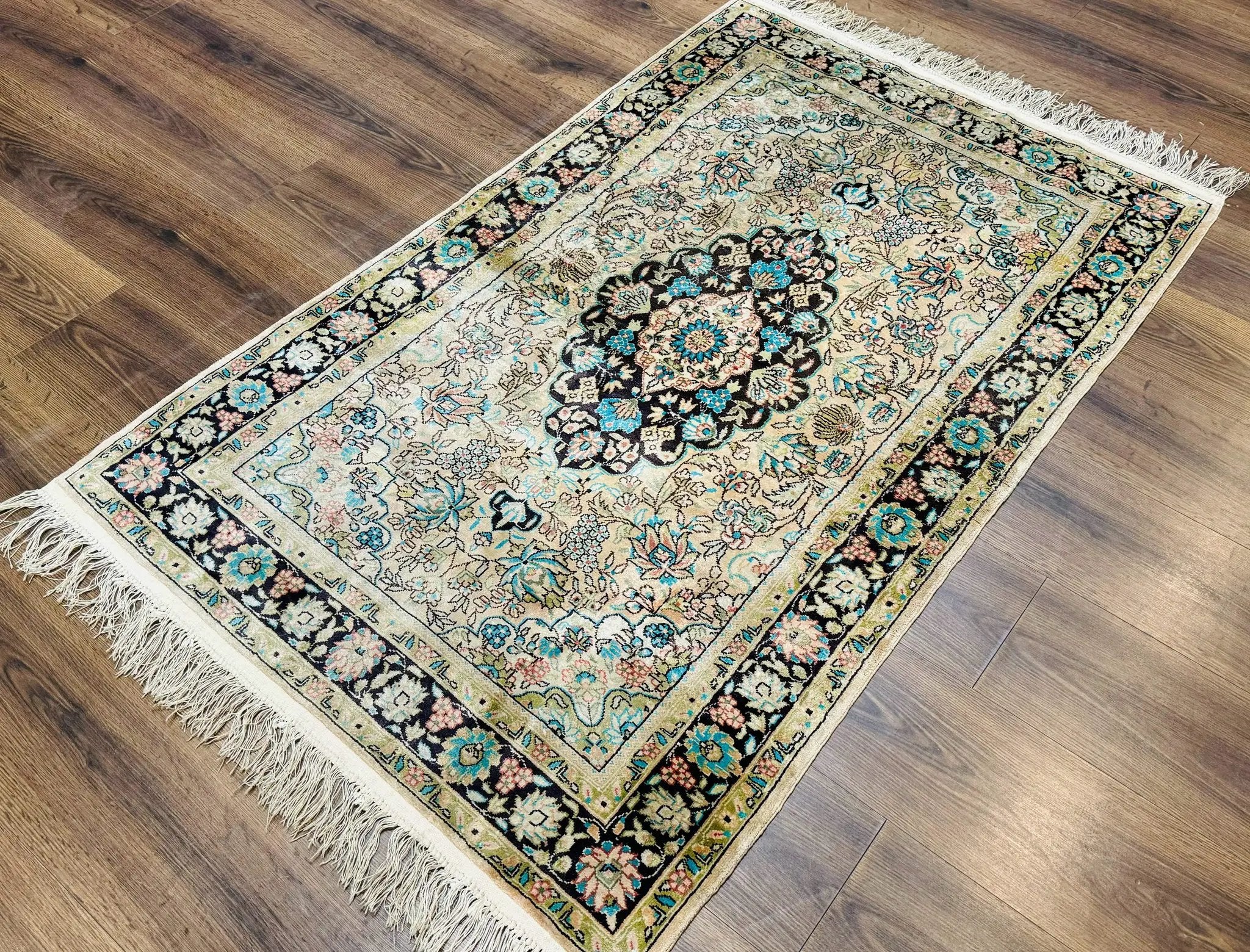 Indian Kashmiri Silk Rug 3x5, Floral Medallion, Fine 200 KPSI by Jewel Rugs