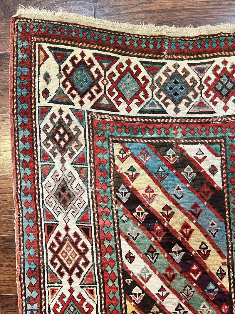 Caucasian Kazak Runner Rug 3.6 x 8, Wool Hand Knotted Antique 1880s Carpet, Ivory & Multicolor Stripes Oriental Runner Rug, Hallway Rug by Jewel Rugs
