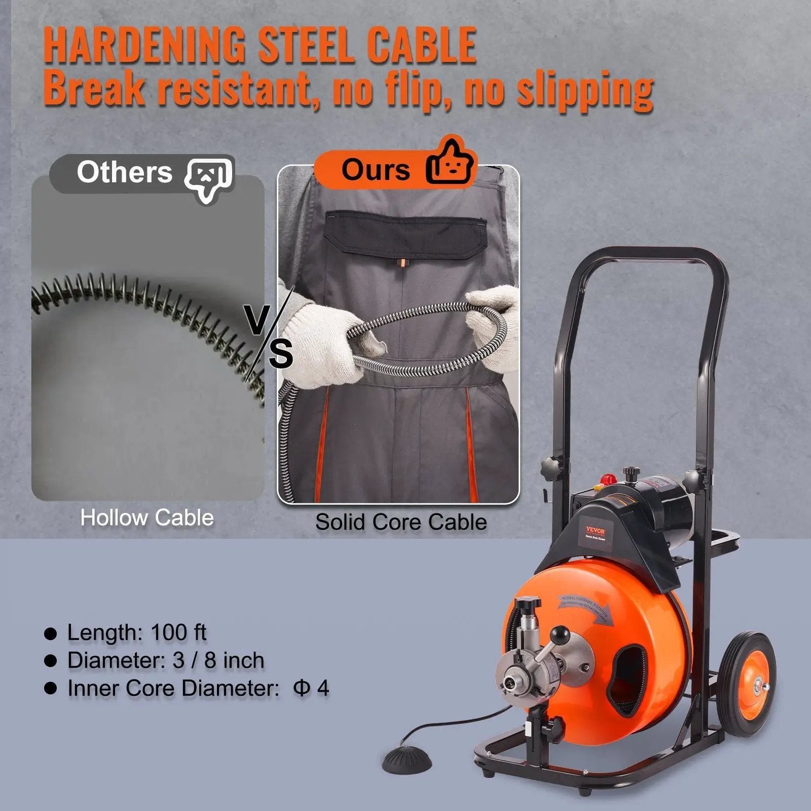 Drain Cleaning Machine 100Ft X 3/8" Auto Feed Sewer Snake - Orange by HouseOfZazla