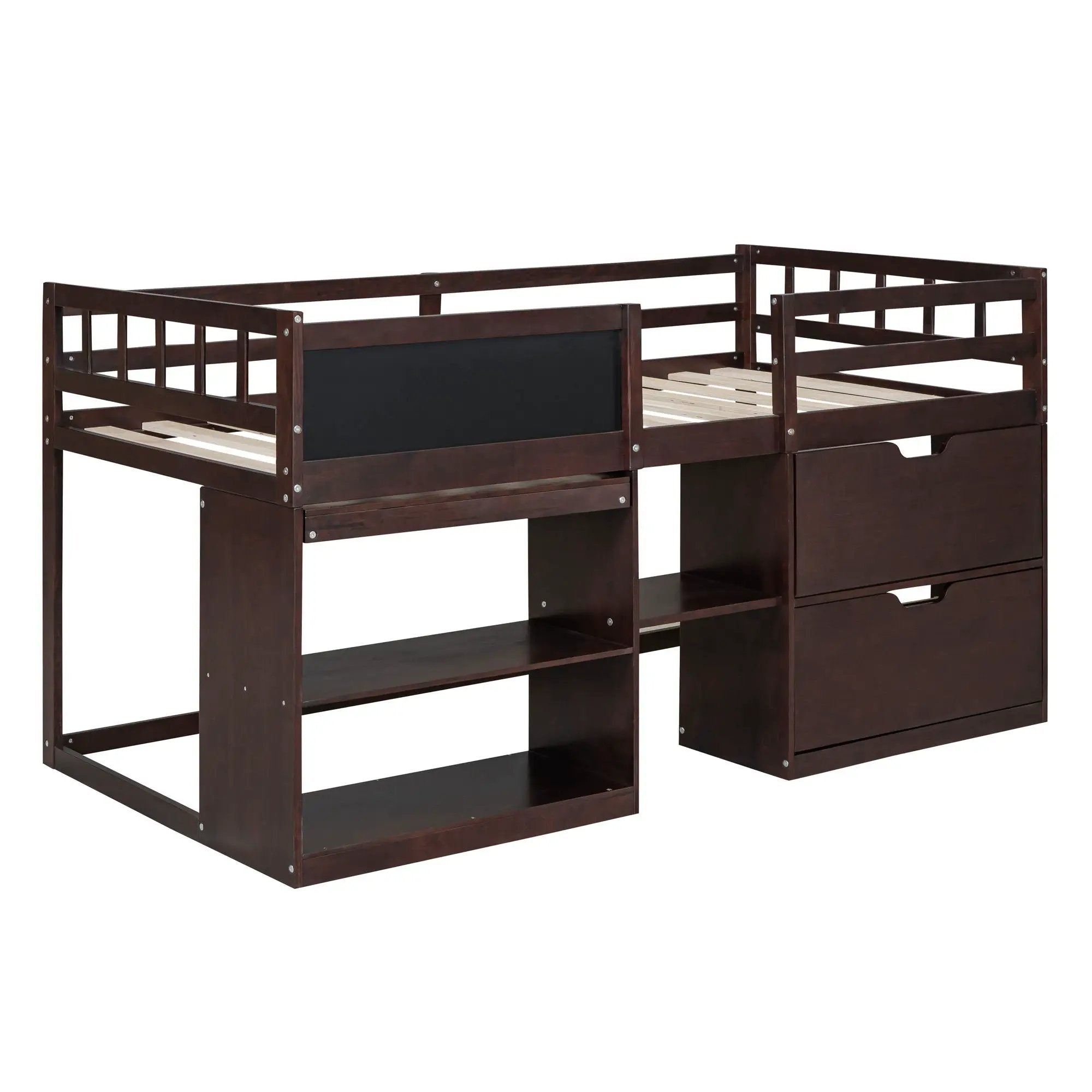 Low Loft Bed With Rolling Desk, Shelf And Drawers by HouseOfZazla